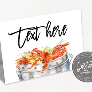 May include: A watercolor illustration of a metal pot filled with cooked crawfish, lemon slices, and corn. The words "TEXT here" are written in black script above the pot. A circular badge reads "Instant Download".