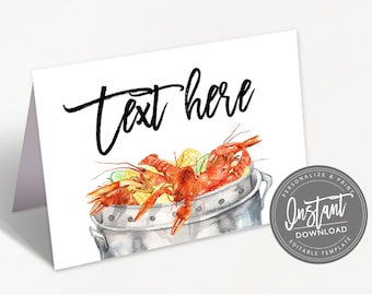 Crawfish Food Tent, Editable Name Place Cards, Crawfish Boil Party Folded tent name card, Crawfish Boil Printable Template, Instant Access