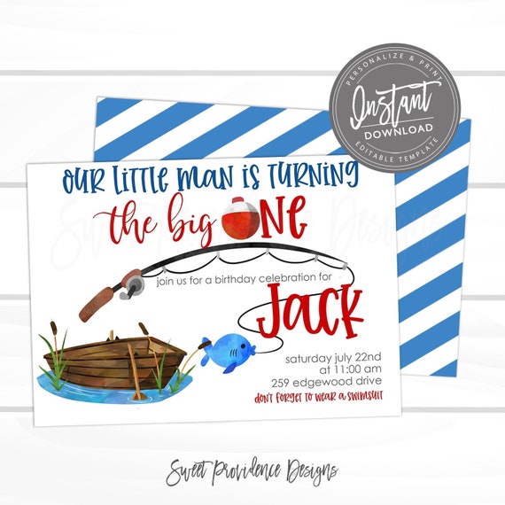 Fishing Birthday Invitation, Fish First birthday, Editable Birthday template, Boy Fish the big one Invite, Printable Instant Access Il_570xn