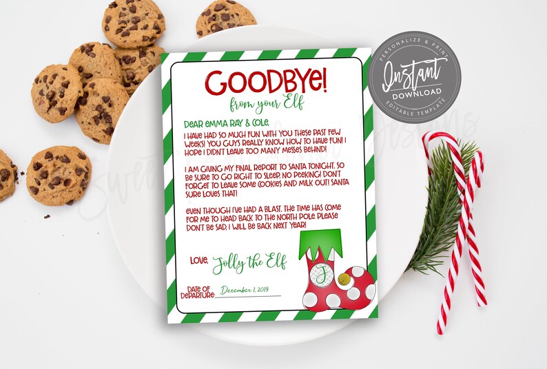 Pu&ograve; includere: Un biglietto di addio di un elfo di Natale stampabile con strisce verdi e rosse. Il biglietto dice "Addio! dal tuo elfo" e include un messaggio dell'elfo ai bambini. Il biglietto include anche un'immagine di uno stivale da elfo rosso e bianco con la parte superiore verde.
