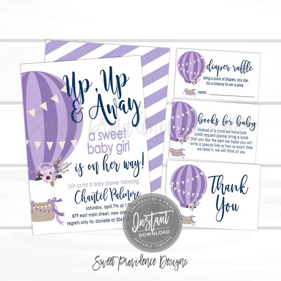 Balloon Baby Shower Invitation kit, Girl Hot air balloon invitation, Purple Balloon Invitation, Balloon Invite, EDITABLE Instant Access Il_570xn