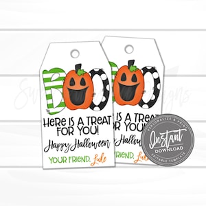 May include: Two Halloween-themed gift tags with a white background. The tags feature the word "BOO" with a pumpkin and the text "Here is a treat for you! Happy Halloween, Your friend, Luke."