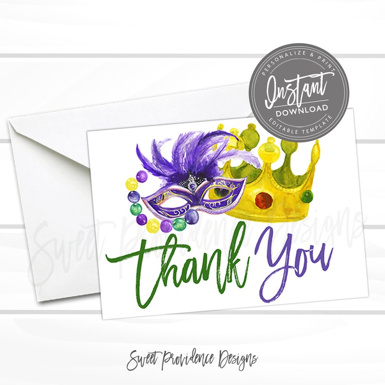 May include: Purple and gold Mardi Gras themed thank you card with a mask, beads, and a crown. The text "Thank You" is written in green.