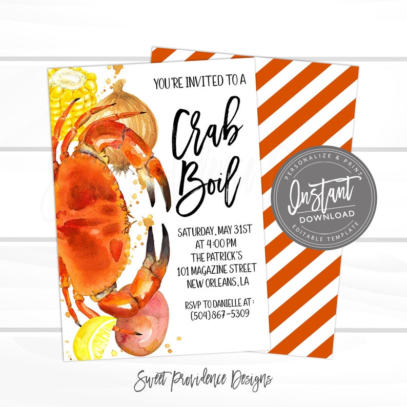 Puede incluir: Una invitaci&oacute;n a una fiesta de cangrejo con una ilustraci&oacute;n de acuarela de un cangrejo, ma&iacute;z, cebolla, lim&oacute;n y papa. La invitaci&oacute;n incluye la fecha, la hora, la ubicaci&oacute;n y la informaci&oacute;n de RSVP. "You're invited to a Crab Boil" est&aacute; escrito en texto cursivo negro.