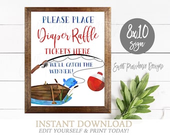 Diaper Raffle Table Sign, Baby Shower Diaper Sign, Editable Fishing Print, Baby Shower Sign, Fishing Sign, Instant Access