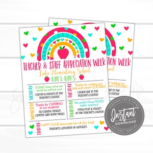 May include: A printable teacher appreciation week schedule for Lake Elementary School. The schedule includes a rainbow graphic with hearts and a pencil. The schedule lists daily activities for the week of May 1st to May 5th.