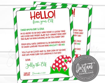 Op de afbeelding: Twee afdrukbare kerstbrieven van "Jolly the Elf" met groen-witte gestreepte randen. De brieven hebben rode tekst met de tekst "HELLO!" en bevatten een rode en witte stippen elf hoed afbeelding. De brieven zijn gedateerd op 1 december 2021.