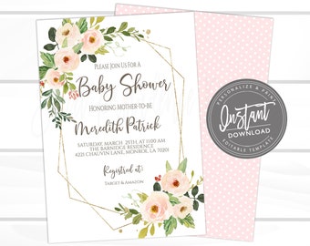 Pink Floral Shower Invitation Template Set Editable Gold Geometric Baby Shower Invite Watercolor Flowers Blush Pink Floral Printable Instant