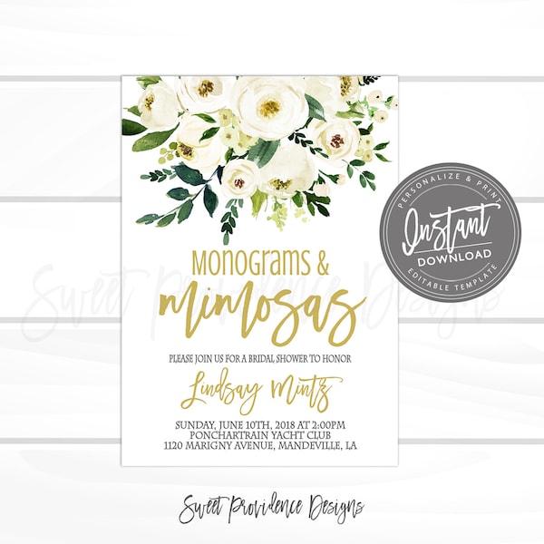 Monograms and Mimosas Invitation, Editable Bridal Shower Invite, Couples Shower Engagement Party, Mimosa Party, , Instant Access