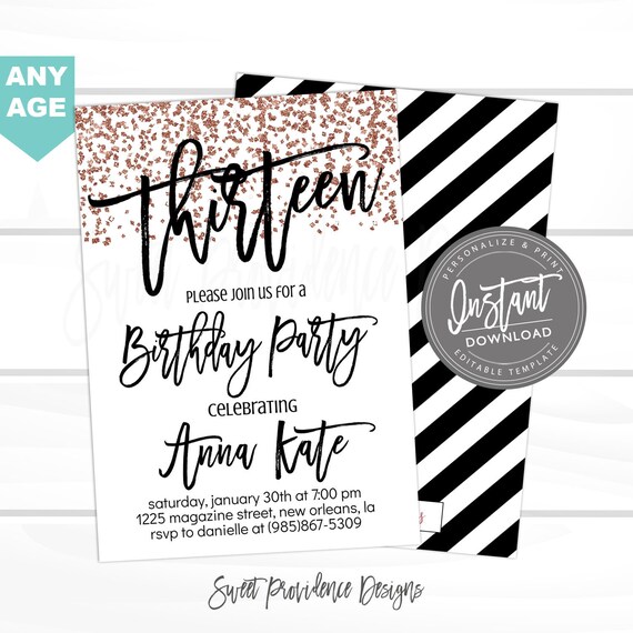 13th birthday Invitation, Editable 13th Birthday Invitation, Thirteen, Black & Rose Gold Glitter, Surprise, Printable, Instant Access Il_570xn