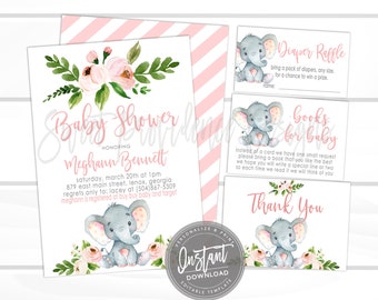 Elephant Baby Shower Invitation Kit, Safari Floral Invitation Set, Editable Shower invitation Suite, Girl Elephant Invite, Instant Access