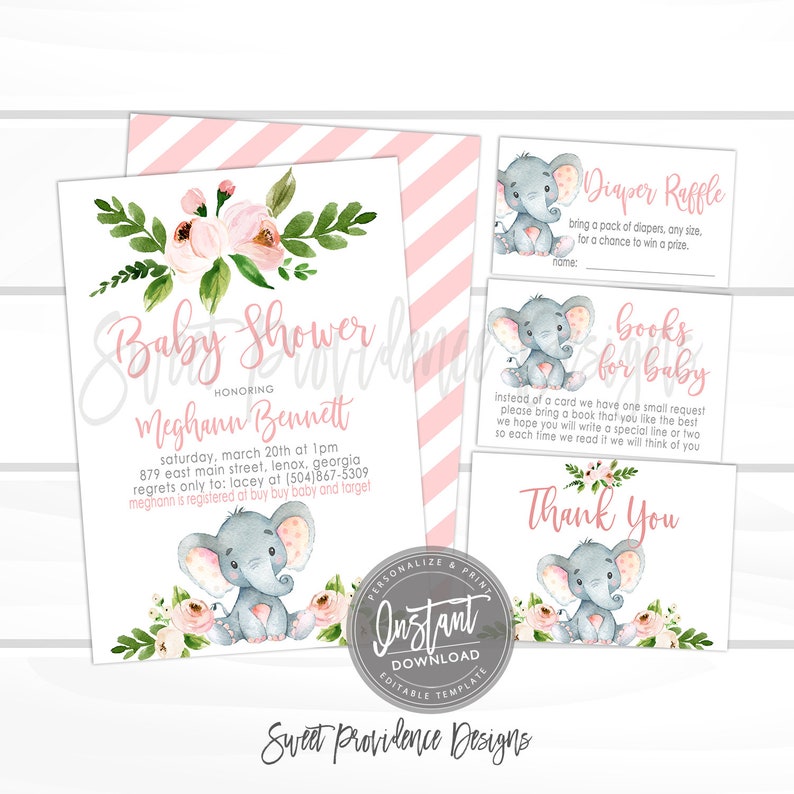 Elephant Baby Shower Invitation Kit, Safari Floral Invitation Set, Editable Shower invitation Suite, Girl Elephant Invite, Instant Access image 1