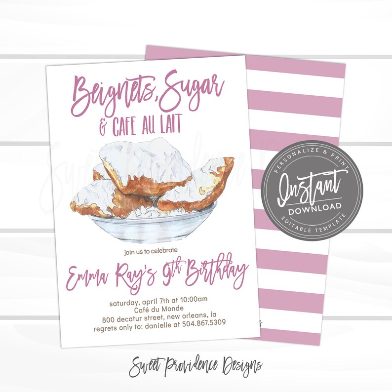 Beignet Invitation, New Orleans Girl Birthday Invitation, NOLA, Coffee & donuts invite, Editable Birthday Invite, , Instant Access Bild 1