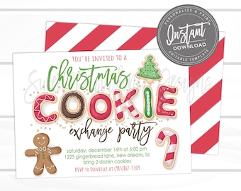Christmas Cookie Exchange Invitation, Editable Christmas Party template, Cookie exchange, gingerbread, Christmas Invite, Instant Download