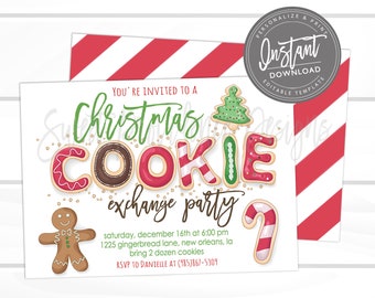 Pode incluir: Convite para uma festa de troca de biscoitos de Natal com um design festivo. O convite apresenta as palavras "Christmas Cookie Exchange Party" em uma fonte lúdica, juntamente com ilustrações de boneco de gengibre, bengala doce e árvore de Natal. O fundo inclui listras vermelhas e brancas.