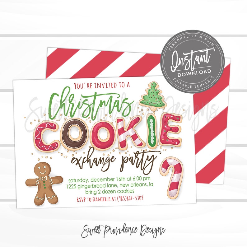 May include: A Christmas cookie exchange party invitation with a festive design. The invitation features the words "Christmas Cookie Exchange Party" in a playful font, along with a gingerbread man, candy cane, and Christmas tree illustrations. The background includes red and white stripes.