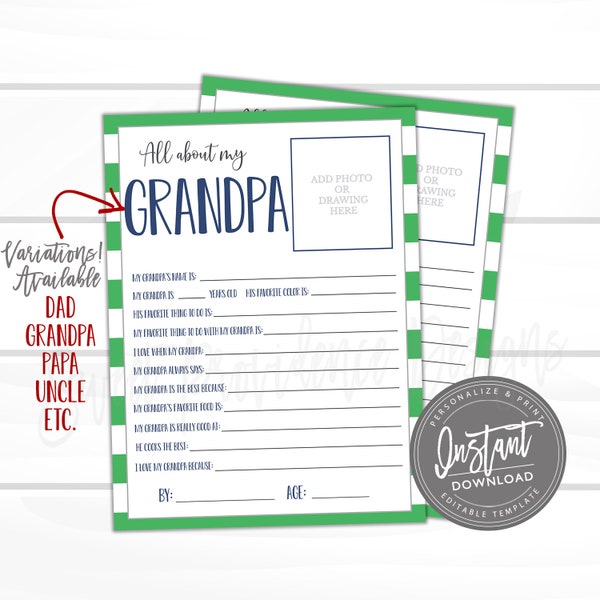 EDITABLE Fathers day questionnaire, Father's Day Gift, All about Grandpa, Survey questions for kids, Fathers Day Survey Father's Day Present