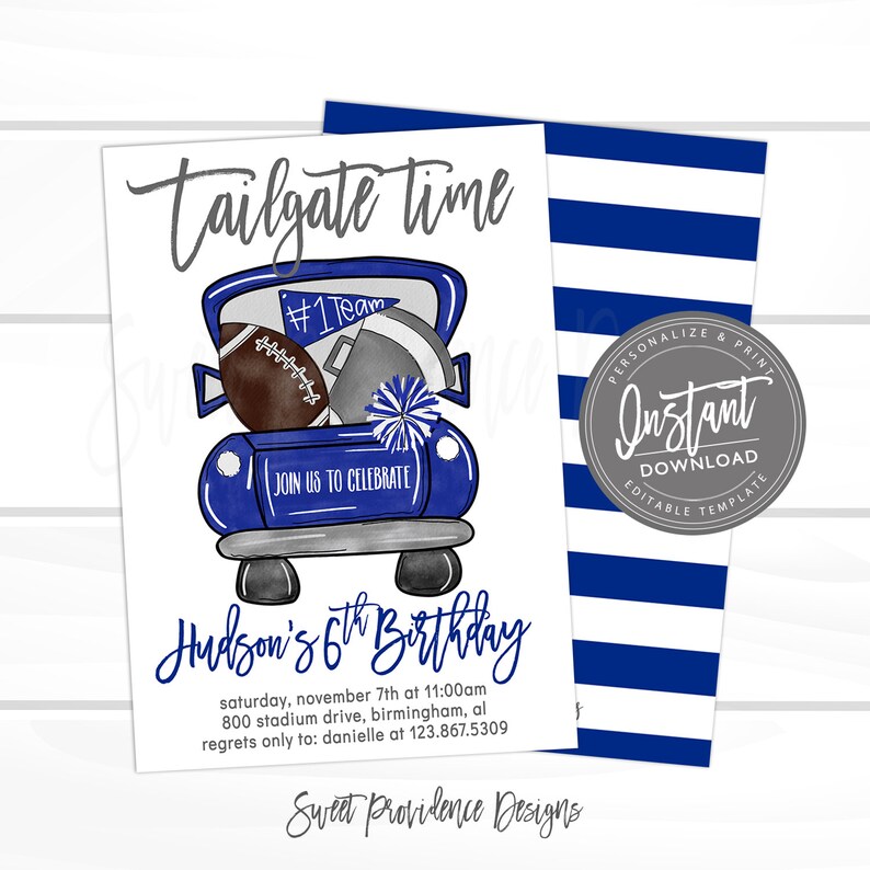 Football Birthday Invitation, Editable Boy Girl birthday Birthday template, Blue White Football tailgate time Invite Instant Access bild 1