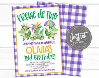 May include: A purple and green invitation with a Mardi Gras theme. It says "Krewe de Two" and "Olivia's 2nd Birthday". The invitation features three cartoon alligators wearing jester hats and holding a donut, an umbrella, and a musical instrument.