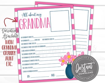 EDITABLE Mother's Day Questionnaire, All about Mom, Survey Questions for Kids, Mothers Day Survey, Mother's Day Gift, Grandma Present