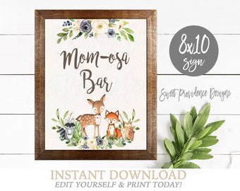 Mom-osa Bar Sign, Woodland Floral Momosa Baby Shower Sign, Editable table Print, Floral Mimosa Sign template, Instant Access,