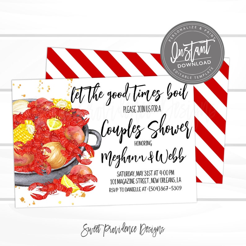 May include: A red and white striped background with a white card featuring a watercolor illustration of a pot of crawfish boil. The text on the card reads "Let the good times boil. Please join us for a Couples Shower honoring Meghann & Webb. Saturday, May 31st at 4:00 PM. 101 Magazine Street, New Orleans, LA. RSVP to Danielle at (504)867-5309. Sweet Providence Designs."