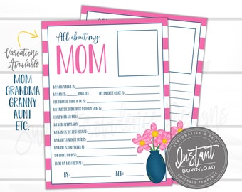 Mother's Day Card, EDITABLE Questionnaire, All about Mom, Survey Questions for Kids, Mothers Day Survey, Mother's Day Gift, Grandma Present