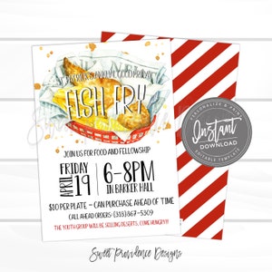 K&ouml;nnte beinhalten: Eine Flyer-Vorlage f&uuml;r ein j&auml;hrliches Fish-Fry-Event am Karfreitag zum St. Patrick's Day. Das Design zeigt eine Aquarellillustration von Fish and Chips in einem roten Korb sowie Text mit Datum, Uhrzeit, Veranstaltungsort und Kontaktinfos.