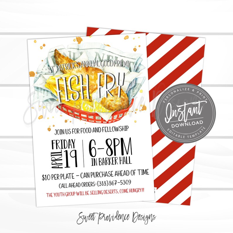 K&ouml;nnte beinhalten: Eine Flyer-Vorlage f&uuml;r ein j&auml;hrliches Fish-Fry-Event am Karfreitag zum St. Patrick's Day. Das Design zeigt eine Aquarellillustration von Fish and Chips in einem roten Korb sowie Text mit Datum, Uhrzeit, Veranstaltungsort und Kontaktinfos.