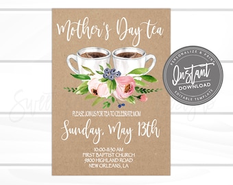 Invitación al té del Día de la Madre, Invitación EDITABLE al Té de la Iglesia, Brunch del Día de las Madres, Floral Rosa Kraft, IMPRIMIBLE, , Acceso Instantáneo