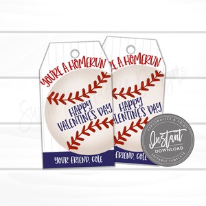 May include: Two printable Valentine's Day gift tags featuring a baseball with the text "You're a homerun" and "Happy Valentine's Day". The tags are white with blue and red accents. The text "Your friend, Cole" is at the bottom of the tag.
