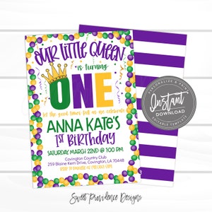 Mardi Gras Birthday Invitation, Queen First birthday, Parade party, Editable template, girl birthday, Fat Tuesday Carnival, Instant Access