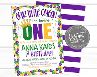 May include: A birthday invitation with a purple, green, and gold color scheme. The text reads "Our Little Queen is turning ONE" with the name "Anna Kate's 1st Birthday" below. The invitation includes event details and a "Personalize & Print" seal.