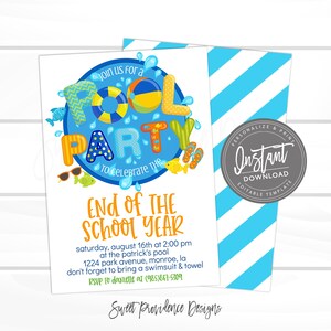 Puede incluir: Una invitaci&oacute;n a una fiesta de piscina azul y amarilla con el texto "Join us for a Pool Party to celebrate the End of the School Year" y detalles para la fiesta el 16 de agosto a las 2:00 PM. La invitaci&oacute;n tiene un fondo a rayas azul y blanco.
