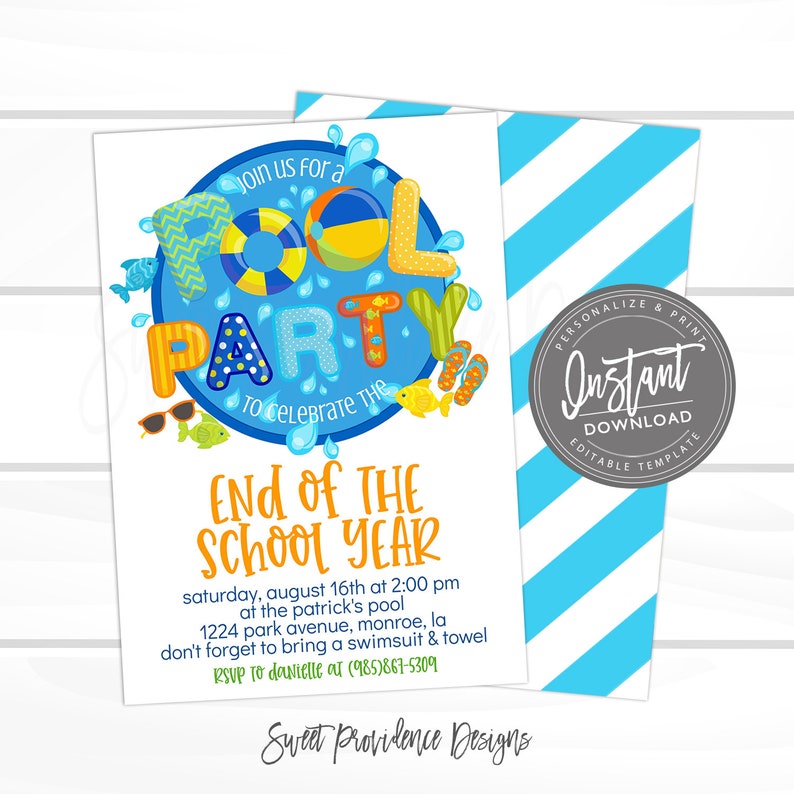 Puede incluir: Una invitaci&oacute;n a una fiesta de piscina azul y amarilla con el texto "Join us for a Pool Party to celebrate the End of the School Year" y detalles para la fiesta el 16 de agosto a las 2:00 PM. La invitaci&oacute;n tiene un fondo a rayas azul y blanco.