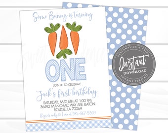 Easter Birthday Party Invitation, Blue Gingham Bunny Invite, Some Bunny is turning one, EDITABLE Printable Instant Access - EDIT NOW
