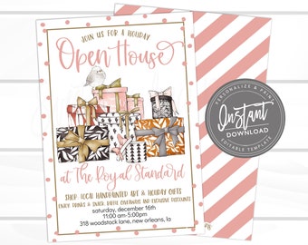 Holiday Flyer, Editable Gift Stack Open House Holiday Boutique Invite, Business shopping flyer, Open House template Instant Download