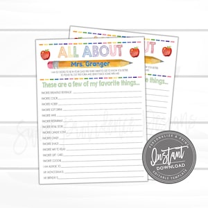 EDITABLE Teacher Survey, Printable Teacher's Favorite Things Questionnaire, Few of My Favorite Things, Gift  Appreciation- Instant Access