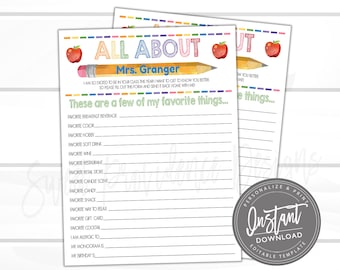 EDITABLE Teacher Survey, Printable Teacher's Favorite Things Questionnaire, Few of My Favorite Things, Gift  Appreciation- Instant Access