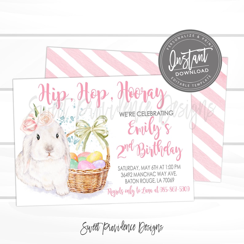 May include: A watercolor invitation for Emily's 2nd birthday, featuring a white bunny with a floral crown, a basket of Easter eggs, and the text "Hip, Hop, Hooray". The design includes pink accents and a striped pattern.