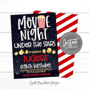 May include: A blue and black invitation with stars for a movie night under the stars party to celebrate Tucker's eighth birthday. The invitation includes the date, time, and location of the party. It also includes a phone number for RSVPs.