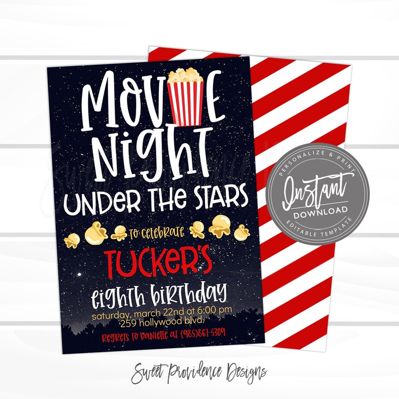 May include: A blue and black invitation with stars for a movie night under the stars party to celebrate Tucker's eighth birthday. The invitation includes the date, time, and location of the party. It also includes a phone number for RSVPs.