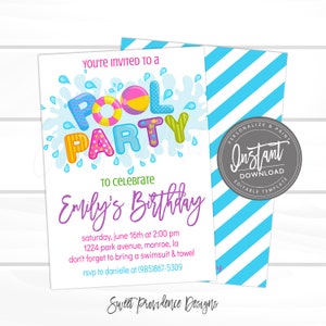 Pool Party Invitation, Summer Pool Party Invite, Girl Birthday Party Invitation, Editable Birthday Invitation, , Instant Access