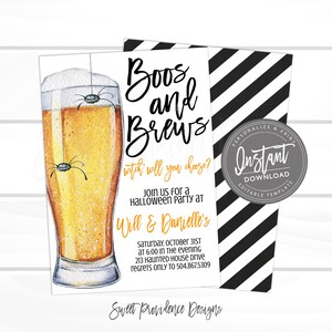 May include: Halloween party invitation with a watercolor illustration of a beer glass with spiders. The invitation reads "Boos and Brews" and includes party details. The design features a black and white striped pattern.
