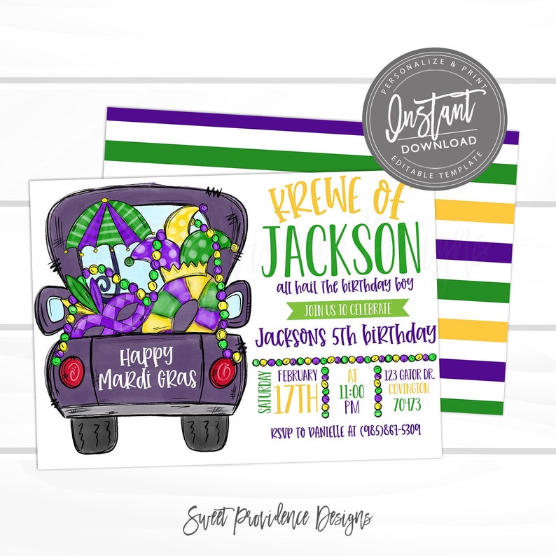 May include: A purple and green Mardi Gras themed birthday invitation with a cartoon truck filled with beads, masks, and umbrellas. The invitation reads "Krewe of Jackson" and "Jackson's 5th Birthday".