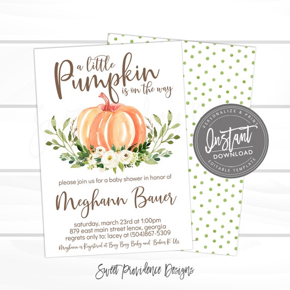Pumpkin Invitation, Fall Baby Shower Invitation, Fall Shower, Greenery, Gender Neutral, Floral, Pumpkin, EDITABLE template, Instant Download Il_570xn