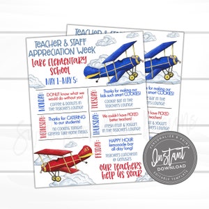 EDITABLE Teacher Appreciation Week Itinerary, Printable Digital File, Airplane Teachers Soaring Schedule Events, Instant Access- Edit Now!