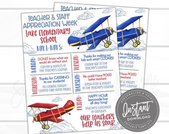 EDITABLE Teacher Appreciation Week Itinerary, Printable Digital File, Airplane Teachers Soaring Schedule Events, Instant Access- Edit Now!