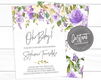 Baby Girl floral shower invitation, Purple Lavender Floral Baby Shower Invite, Watercolor, Editable template, , Instant Access