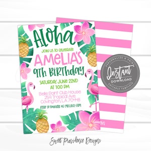Pu&ograve; includere: Un invito di compleanno a tema tropicale rosa e verde per il 9&deg; compleanno di Amelia. L'invito presenta un fenicottero rosa, un ananas e dei fiori. Il testo recita "Aloha, Unisciti a noi per celebrare il 9&deg; compleanno di Amelia, Sabato 22 giugno alle 13:00, Belle Point Club House, 259 Tropical Ave, Covington, LA 70448, RSVP a Danielle al (985)867-5309".